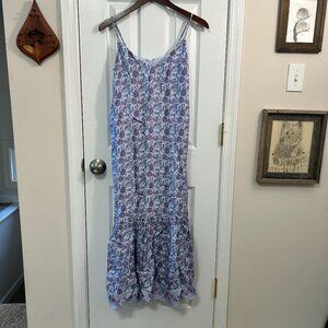 J. Crew Tiered tie-waist dress in dusty periwinkle block print